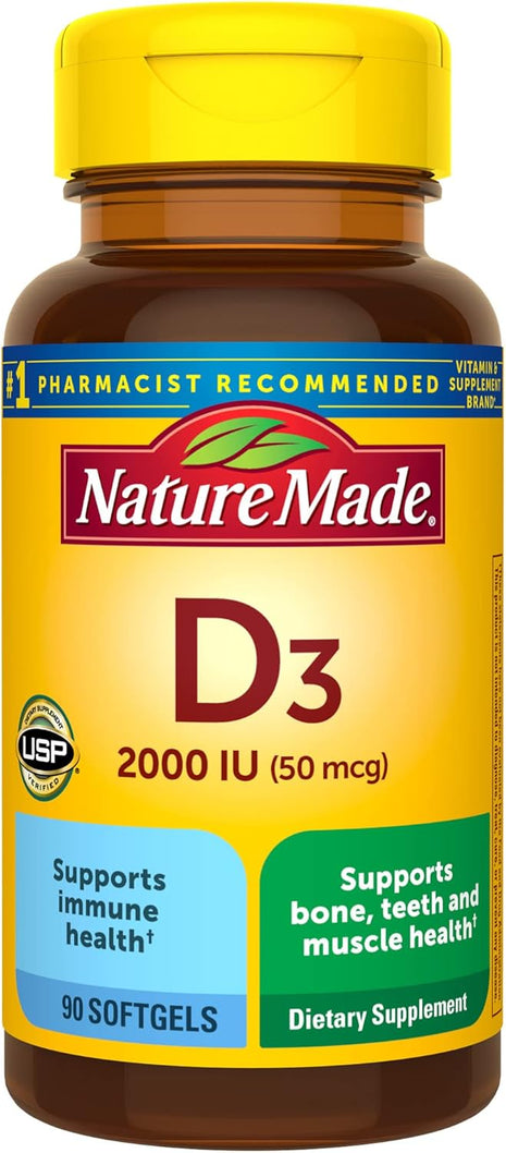 Nature Made Vitamin D3 2000 IU (50 mcg), 90 Vitamin D Softgels | Vitamin D Supplement for Immune, Bone, Teeth and Muscle Health Support, 90 Day Supply