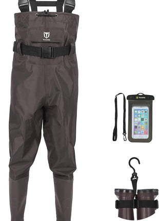 TIDEWE Bootfoot Chest Wader, 2-Ply Nylon/PVC Waterproof Fishing Hunting Waders with Boot Hanger for Men Women Green Brown
