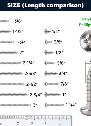 #10 x 3/4 inch (100 Pack) Stainless Steel Phillips Pan Head Wood Screws, Stainless Steel 304 (18-8), Pan Head Sheet Metal Screws Self Tapping for Wood