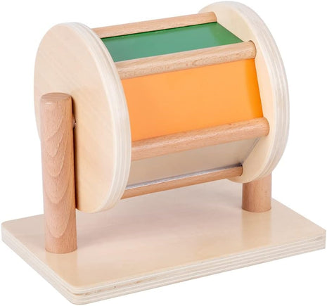 Adena Montessori Medium Spinning Drum, 6-12m | 6 color panels incl. mirror, rattles when spun. Wooden bars for easy grip. Boosts tummy time, motor & tracking. Gift.