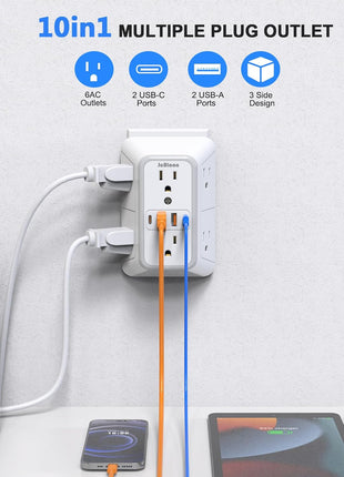 Outlet Extender Surge Protector - 6 Outlet Splitter with 4 USB Ports (2 USB C), Multiple Plug Expander Wall Charger, 3 Sided Multi Plug Wall Adapter Power Strip for Home Office Kitchen Travel