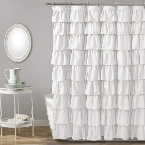 Lush Decor Ruffle Shower Curtain | Floral Textured Vintage Chic Farmhouse Style Design, White, 72 inch x 72 inch