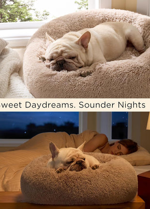 Bedsure Calming Dog Bed Medium Size Dog - Donut Washable Medium Pet Bed, 30 inches Anti-Slip Round Fluffy Plush Faux Fur Cat Bed, Fits up to 45 lbs Pets, Camel