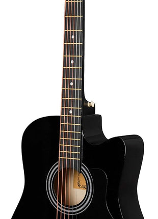 38 inch black beginner acoustic guitar,bundle with a strap with picks holder,digital tuner, set strings, capo,cleaning cloth,6 picks,gig bag.(JG-38C,BK)