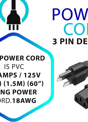 Standard 5ft (1.5m) 10 Amps 125 Volts Black 3 Prong AC Power Cord Cable for Electronics, TV, Computer, Printer, Radio, Monitor, Samsung, Dell, Vizio, LG, Asus, Laptop and More
