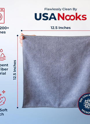 USANOOKS Microfiber Cleaning Cloth Grey - 12 Pcs (12.5 inchx12.5 inch) - High Performance - 1200 Washes, Ultra Absorbent Microfiber Towel Weave Grime & Liquid for Streak-Free Mirror Shine - Car Washing Cloth