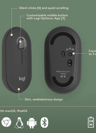 Logitech Pebble 2 Combo for Mac, Wireless Keyboard and Mouse, Slim, Quiet and Portable, Customizable, Bluetooth Mouse and Keyboard, Easy-Switch, for macOS, iPadOS - Tonal Graphite