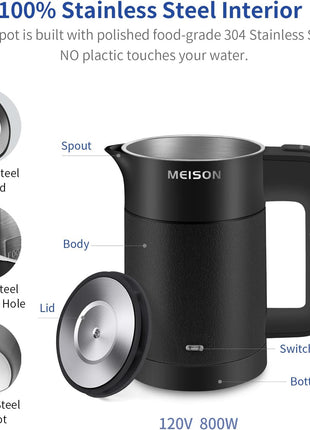 0.6L Small Electric Kettles Stainless Steel, Travel Mini Hot Water Boiler Heater, Double Wall Cool Touch Portable Teapot, Auto Shut-Off & Boil-Dry Protection, 120V/800W, 2 Year Warranty (Black)