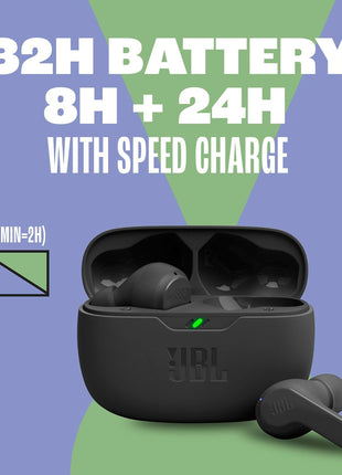 JBL Vibe Beam - True Wireless JBL Deep Bass Sound Earbuds, Bluetooth 5.2, Water & Dust Resistant, Hands-free call with VoiceAware, Up to 32 hours of battery life (Black)