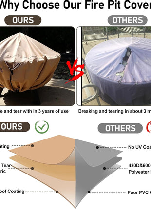 QH.HOME Fire Pit Cover Round-45-48 Inch Heavy Duty 900D Strong Tear-Resistant and UV Resistant and Waterproof and Fading Resistant Material Polyester Firepit Covers Round for Outdoor Fire Pit-Wheat