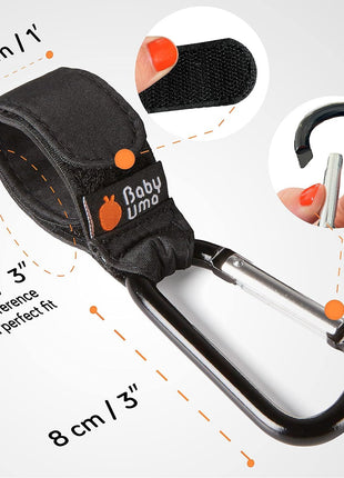 Baby Uma Stroller Hooks for Bags (2 Pack) - Non-Slip, One-Hand Use, 11 lb | These universal stroller clips open one-handed, resist slipping, and each carabiner hook holds 11 lbs—a travel essential.