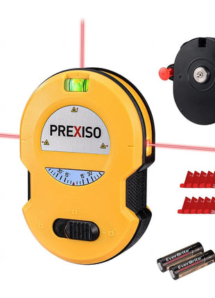 PREXISO Multi Surface Laser Level LED Light Vial, 30Ft Horizontal & Vertical Line Laser with Wall Mount Base, 2 Pins, 10 Sticker, 2 AA Batteries for Hanging Frames & Picture, Construction Wall Writing