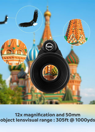 12x50 High-Power Monocular Telescope with Smartphone Tripod, Portable Bag - Ideal for Bird Watching, Hunting, Hiking, Camping - Large Vision with BAK4 Prism and FMC Lens Technology