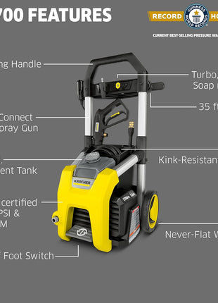 Kärcher Pressure Washer K1700, CETA Certified, 3 Spray Nozzles, Detergent Tank, for Cars, Driveways, Siding, Patios, 1.2 max. GPM