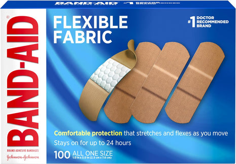 Band Aid Brand Flexible Fabric Sterile Adhesive Bandages, Comfortable Cushioned Wound Care & Protection for Minor Cuts, Scrapes & Burns, First Aid, Hurt Free Comfort Pad, One Size 1x3 In, 100 Count