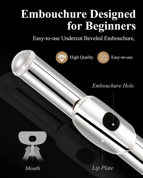 Eastar Closed Hole 16 Keys Flute for Beginner Kids Student with Cleaning Kit, Stand, Case, Gloves, Tuning Rod, Nickel, EFL-1