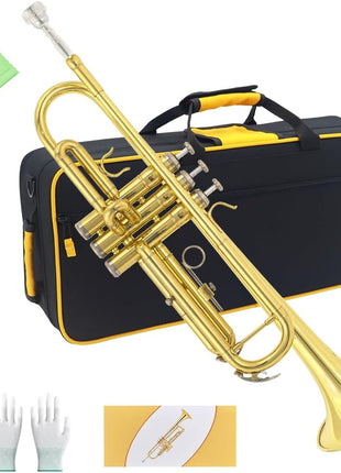 Trumpet Instrument,Band & Orchestra Musical Instruments for Beginners,With trumpets case,Mouthpiece,Cloth and Gloves (Golden)