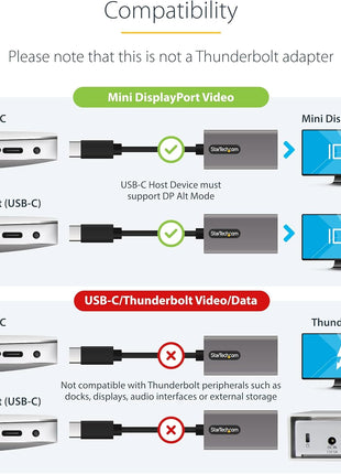 StarTech.com USB C to Mini DisplayPort Adapter, 4K 60Hz USB Type C to mDP/Mini DP Monitor Video Converter Dongle, Thunderbolt 3 Compatible, 12 inch Attached Cable, Upgraded Version of CDP2MDP (CDP2MDPEC)