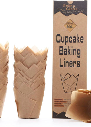 Bake Choice 200pcs Natural Tulip Cupcake Liners for Baking Muffin Liners | Unbleached European Parchment Paper, Heat-resistant, Greaseproof, Cupcake Wrapper for Party, Christmas, Gift