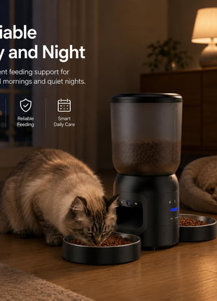 Smart Pet Feeder with Dual 2K Camera & AI Recognition, Dual Bowl Automatic Cat Feeder for Two Cats & Dogs, 6L WiFi Pet Feeder with App Control, 2-Way Audio, Motion Tracking, Anti-Clog Design