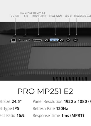 msi PRO MP251 E2 24.5-inch IPS 1920 x 1080 (FHD) Gaming Office Monitor, 120Hz, Adaptive-Synch, HDR Ready, HDMI, VGA & Display Port,VESA Mountable, Tilt, Speaker, 1ms, Black