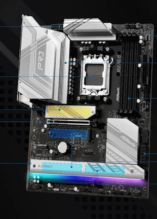 ASRock AMD AM5 B850 Pro RS Motherboard, AMD Ryzen 9000/8000/7000 Series, 4X DDR5 Slots up to 8000MHz, 24-Pin Power Connection, ATX, 21x USB Ports, PCIe 5.0