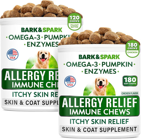 Allergy Relief Dog Treats - Itchy Skin Relief - Omega 3 + Pumpkin + Enzymes - Seasonal Allergies - Anti-Itch & Hot Spots - Immune Supplement - 300 Chews - Peanut Butter + Chicken Flavor - Made in USA