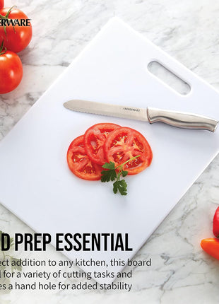 Farberware Large Cutting Board, Dishwasher  Safe Plastic Chopping Board for Kitchen with Easy Grip Handle, 11 inch by 14 inch, White