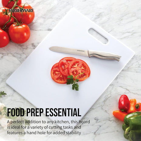 Farberware Large Cutting Board, Dishwasher  Safe Plastic Chopping Board for Kitchen with Easy Grip Handle, 11 inch by 14 inch, White