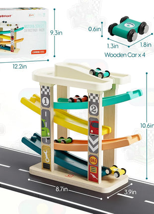TOP BRIGHT Wooden Car Ramp Track with Cars, Montessori Toy for Toddlers 1-3 | Wooden Race Track Set Includes Cars & Garage, Montessori Learning Toy for Ages 18+ Months, Suitable for Boys & Girls