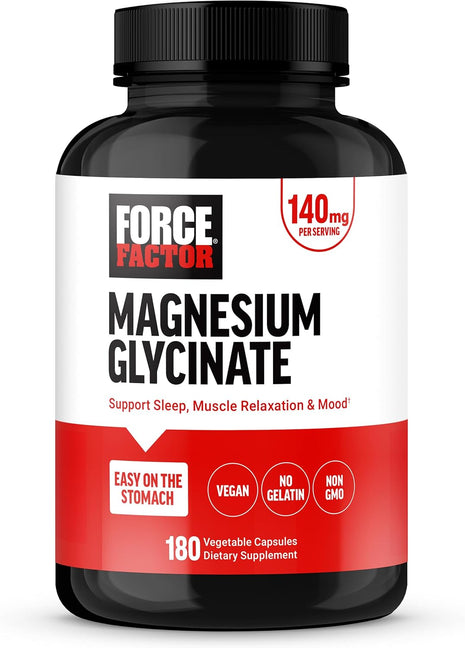 Force Factor Magnesium Glycinate, Magnesium Supplement for Women & Men | Support Sleep, Muscle Relaxation, and Mood, Easy on The Stomach, Vegan, 3-Month Supply, 180 Capsules