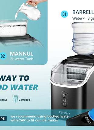 EUHOMY Ice Cube Maker Machine Countertop with External Water Tank, 2 Ways to Add Water, 34Lbs/Day, 16Pcs Ready in 7 Mins, Auto-Cleaning, with Ice Scoop & Basket, for Home/Kitchen/Office/Bar (Black)
