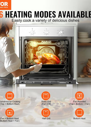 VEVOR Single Wall Oven, 2.68 Cu.Ft Electric Wall Ovens with Timer, 24" Built-in Electric Wall Oven with 6 Cooking Functions, Mechanical Knob Control Convection Wall Oven with Baking Rack and Tray