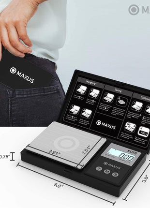 MAxUS Digital Pocket Gram Scale 500g x 0.01g High Precision with Tray, Weighs Small Food, Jewelry, Ounces, Grains, LCD Display, Tare Function
