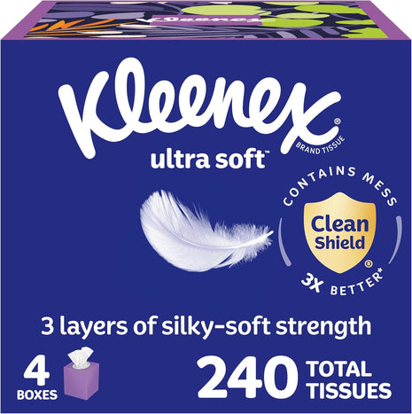 Kleenex Ultra Soft Facial Tissues, 4 Cube Boxes, 60 Tissues per Box