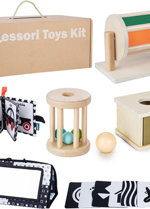 Montessori Toys for Babies 0-6 Months, 6 in 1 Learning Educational Set for Newborn, Toddlers Gifts Includes Spinning Drum, Object Permanence Box, Baby Roller Tummy Time Mirror and More