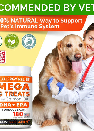Allergy Relief + Omega 3 Dogs Bundle - Itchy Skin Treatment + Allergy & Itch Relief Skin & Coat Supplement - Omega3 & Pumpkin - Anti Itch Support - 300 ct - Peanut Butter + Salmon Flavor - Made in USA