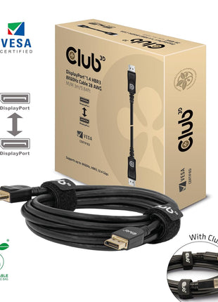 Club3D CAC-1060 VESA Certified DisplayPort to DisplayPort 1.4/Hbr3 M/M Cable DP 1.4 8K 60Hz 3m- 9.84ft | 32.4 Gbps bandwidth, male-to-male connectors, 28 AWG, CE & RoHS compliant, 2-year warranty