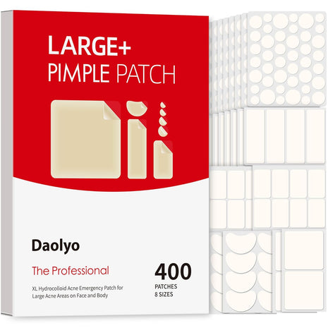 Daolyo Large Pimple Patches for Face, 8 Sizes 400 Counts XL Acne Patches, Big Hydrocolloid Bandages for Body, Chin, Forehead, Chest, Back Zit Breakouts (Strip, Square, Round, Moon)