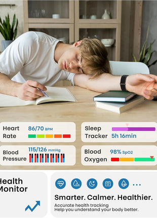 Smart Bracelet, Health Fitness & Activity Tracker with All-Day Continuous Heart Rate/Blood Pressure Monitor, Sleep Tracker, 170+ Sport Modes, 60 Day Battery & Free App, IP68 Smart Band for Android IOS