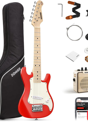 Donner 30 Inch Kids Electric Guitar Beginner Kit ST-Style (Red) | Mini Electric Guitar for Boys Girls with Amp, 600D Bag, Tuner, Picks, Cable, Strap, Extra Strings, and Lessons, DSJ-100