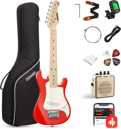 Donner 30 Inch Kids Electric Guitar Beginner Kit ST-Style (Red) | Mini Electric Guitar for Boys Girls with Amp, 600D Bag, Tuner, Picks, Cable, Strap, Extra Strings, and Lessons, DSJ-100