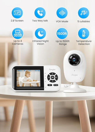 Simyke Smart Video Baby Monitor,2.8inch Display & 1080p Camera,WiFi/No WiFi Modes,Cry Detection,2-Way Audio Talk,VOX/ECO,Feeding Timer,Temperature Sensor,Night Vision,8 Lullabies, Supports 4 Cameras