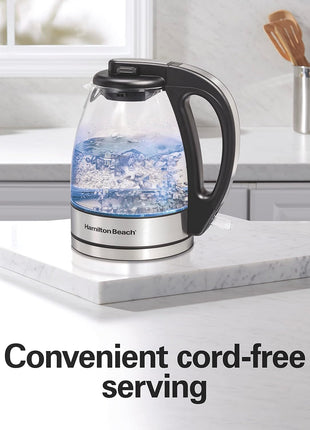 Hamilton Beach 1 Liter Electric Tea Kettle, Water Boiler & Heater | Fast Boiling 1500 Watts | BPA Free | Cordless Serving | Auto-Shutoff & Boil-Dry Protection | Blue LED | Clear Glass