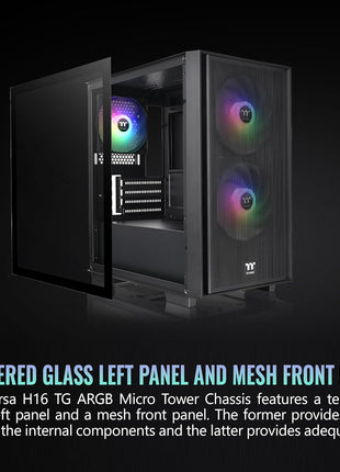 Thermaltake Versa H16 TG ARGB Black Micro ATX Tower Case; Tempered Glass Side Panel; 3 Pre-Installed ARGB Fans; CA-1Y8-00S1WN-02; 3 Year Warranty