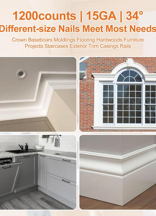 15 Gauge DA Angled Finish Nails, 34-Degree, 1200-Pack (2-1/2 inch, 2 inch, 1-1/2 inch, 1-1/4 inch 300 Per Sizes), Galvanized Assorted Size Project Pack, for Pneumatic, Electric Angled Finish Nailer Gun