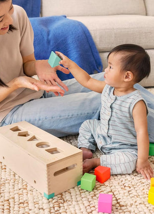 LOVEVERY | The Block Set | Solid Wood Building Blocks and Shapes + Wooden Storage Box, 70 Pieces, 18 Colors, 20+ Activities, Toddler Block Set and Converts into a Pull Car, Ages 12 to 48+ months