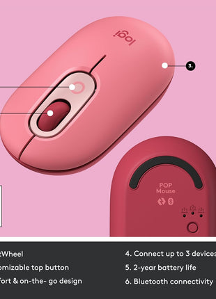 Logitech POP Mouse Compact and Portable Wireless - Heartbreaker Rose | Compact, portable, programmable buttons, quiet clicks, easy-switch up to 3 devices, for laptop, tablet, PC