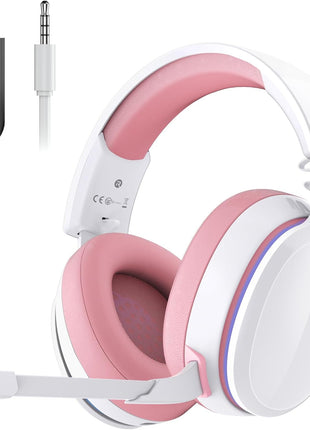 Gtheos 2.4GHz Wireless Gaming Headset for PS5, PS4 Fortnite & FPS Gamers, PC, Nintendo Switch, Bluetooth 5.3 Gaming Headphones with Noise Canceling Mic, Stereo Sound, 40+Hr Battery (Pink)