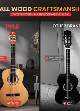 Pyle Beginner Acoustic Guitar Kit, 1/4 Junior Size All Wood Build Nylon Stringed Instrument with Capo, Strap, Extra String Set, Gig Bag, Guitars for Beginners Adults Youth, 30" Natural Gloss